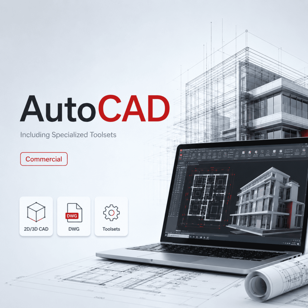 AutoCAD Including Specialized Toolsets AD Commercial bản quyền cho doanh nghiệp 4 AutoCAD Including Specialized Toolsets AD Commercial là phần mềm thiết kế CAD 2D/3D bản quyền thương mại, bao gồm các toolsets chuyên ngành cho kiến trúc, cơ khí, điện, MEP, Plant 3D, Map 3D và Raster Design.