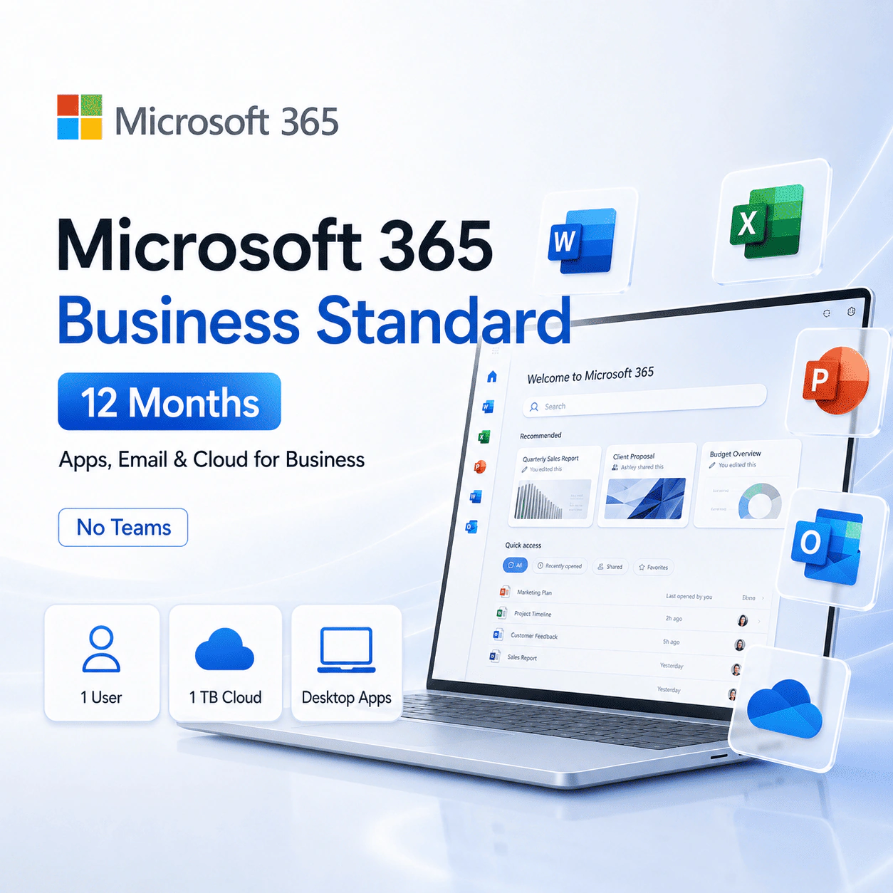 Microsoft 365 Business Standard No Teams 12 Months bản quyền cho doanh nghiệp 1 Microsoft 365 Business Standard (No Teams) 12 Months là gói Microsoft 365 cho doanh nghiệp gồm ứng dụng Office, email doanh nghiệp, OneDrive, SharePoint và dịch vụ cloud, không bao gồm Microsoft Teams.