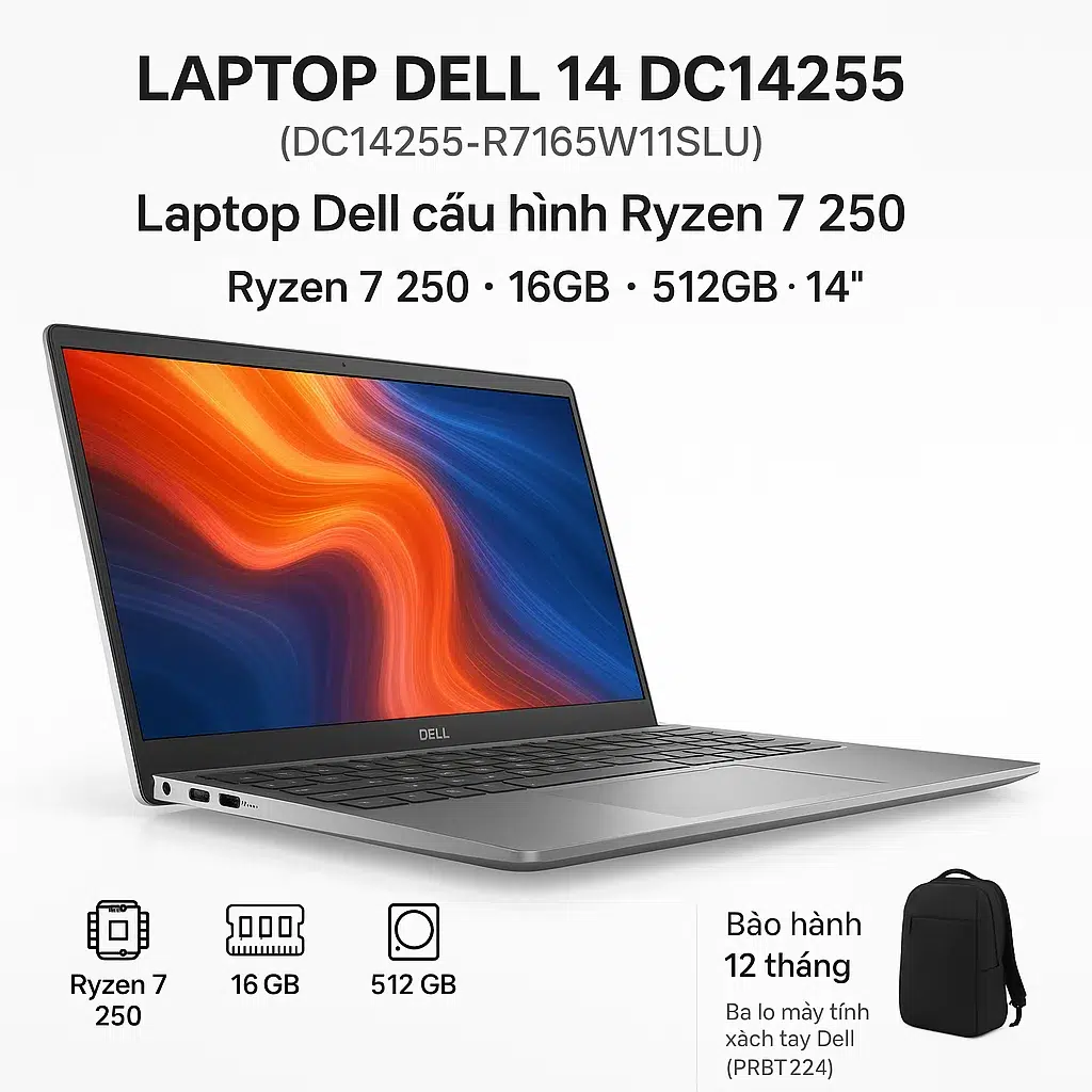 Laptop Dell 14 DC14255 Ryzen 7 250 RAM 16GB SSD 512GB 6 Laptop DELL 14 DC14255 (DC14255-R7165W11SLU) | Ryzen 7 250 / 16GB / 512GB / 14'' - ảnh đại diện sản phẩm