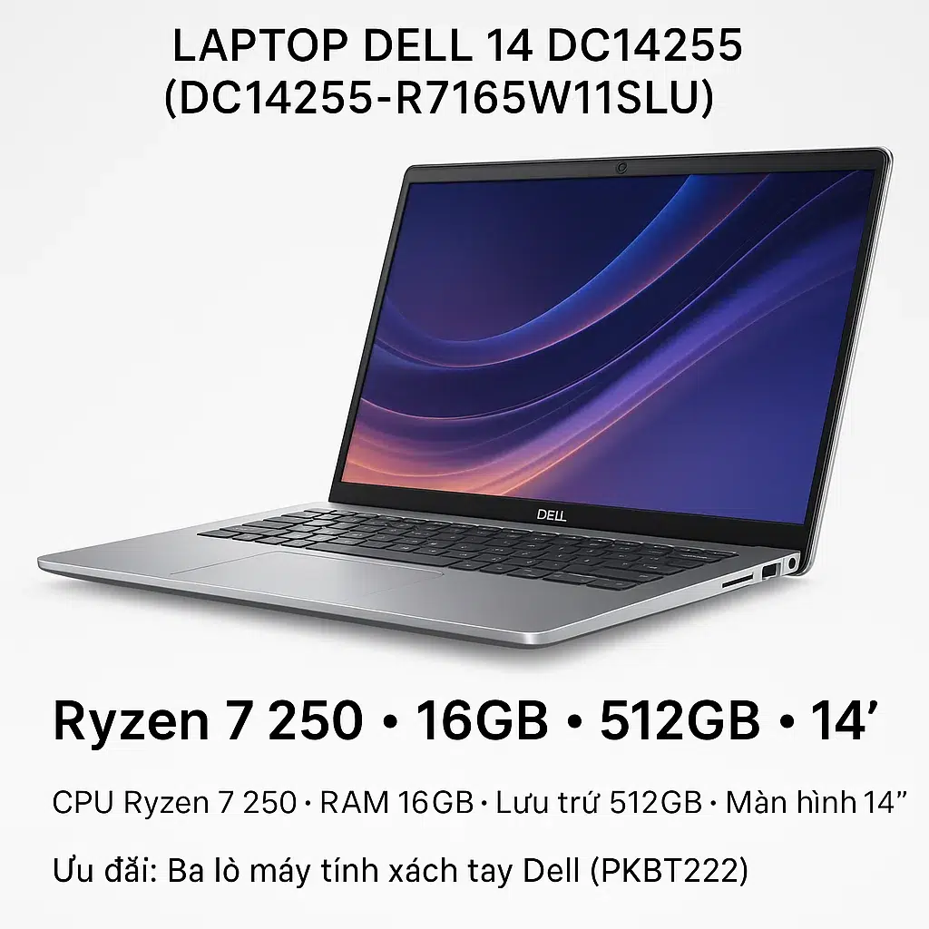 Laptop Dell 14 DC14255 Ryzen 7 250 RAM 16GB SSD 512GB 7 Laptop DELL 14 DC14255 (DC14255-R7165W11SLU) | Ryzen 7 250 / 16GB / 512GB / 14'' - hình ảnh chi tiết 1