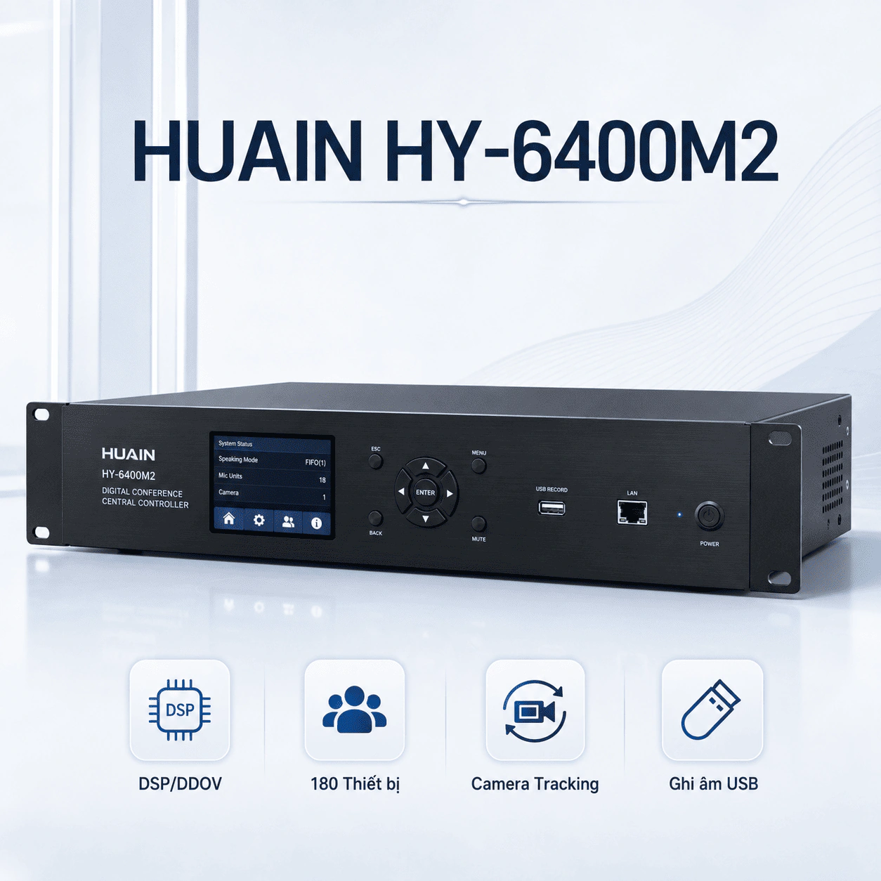 Bộ điều khiển âm thanh trung tâm kỹ thuật số Huain HY-6400M2 dùng dây 1 Bộ điều khiển âm thanh trung tâm kỹ thuật số Huain HY-6400M2 dùng dây hỗ trợ xử lý âm thanh DSP, quản lý micro hội nghị, camera tracking, bỏ phiếu điện tử, ghi âm USB và mở rộng hệ thống hội thảo chuyên nghiệp.