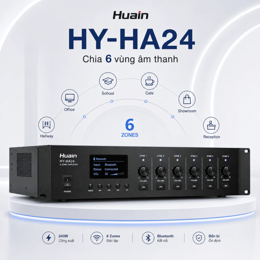 Bộ khuếch đại âm thanh 6 vùng Huain HY-HA24 240W chính hãng 10 Bộ khuếch đại âm thanh Huain HY-HA24 công suất 240W, hỗ trợ chia 6 vùng loa, đầu ra 70V/100V và 4–16Ω, Bluetooth, USB/MP3, FM, MIC ưu tiên, Chime/Alarm, phù hợp hệ thống âm thanh thông báo chuyên nghiệp.