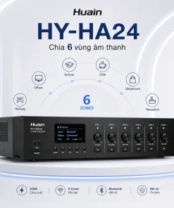 Bộ khuếch đại âm thanh Huain HY-HA24 công suất 240W, hỗ trợ chia 6 vùng loa, đầu ra 70V/100V và 4–16Ω, Bluetooth, USB/MP3, FM, MIC ưu tiên, Chime/Alarm, phù hợp hệ thống âm thanh thông báo chuyên nghiệp.