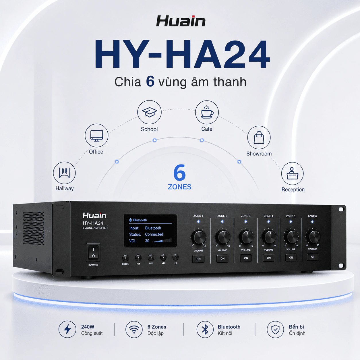 Bộ khuếch đại âm thanh 6 vùng Huain HY-HA24 240W chính hãng 2 Bộ khuếch đại âm thanh Huain HY-HA24 công suất 240W, hỗ trợ chia 6 vùng loa, đầu ra 70V/100V và 4–16Ω, Bluetooth, USB/MP3, FM, MIC ưu tiên, Chime/Alarm, phù hợp hệ thống âm thanh thông báo chuyên nghiệp.