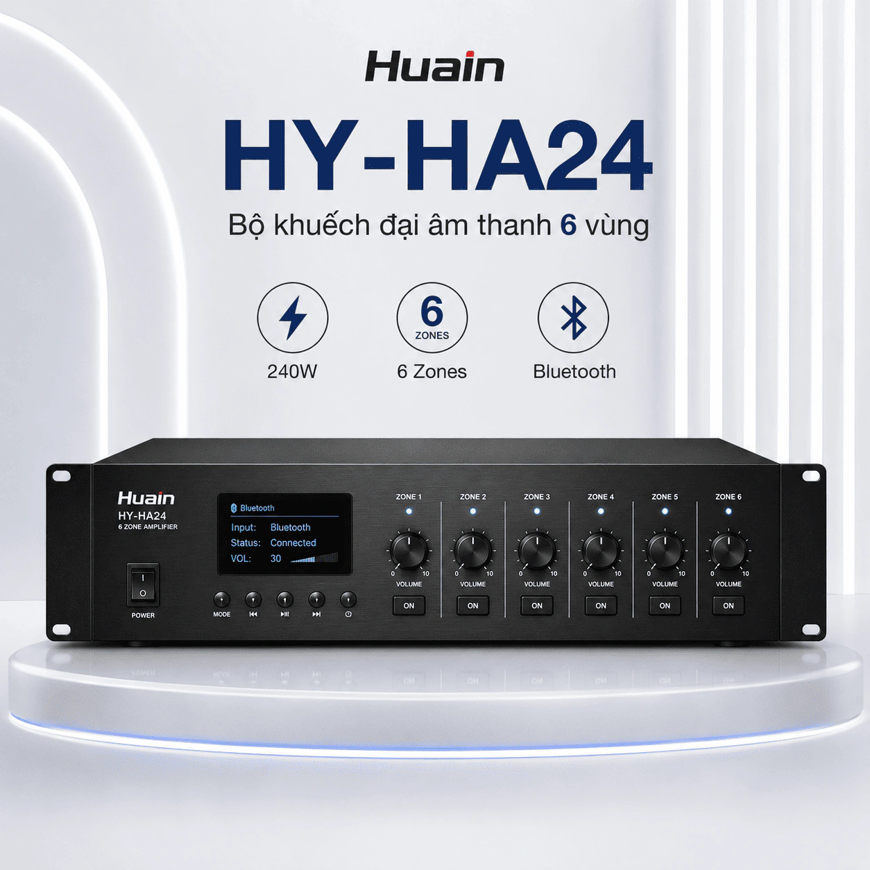 Bộ khuếch đại âm thanh 6 vùng Huain HY-HA24 240W chính hãng 1 Bộ khuếch đại âm thanh Huain HY-HA24 công suất 240W, hỗ trợ chia 6 vùng loa, đầu ra 70V/100V và 4–16Ω, Bluetooth, USB/MP3, FM, MIC ưu tiên, Chime/Alarm, phù hợp hệ thống âm thanh thông báo chuyên nghiệp.