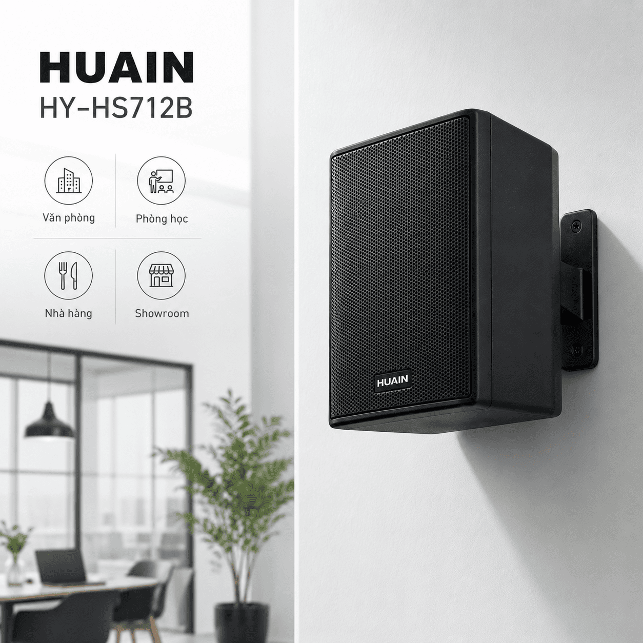 Loa hộp treo tường 30W Huain HY-HS712B chính hãng 3 Loa hộp treo tường 30W Huain HY-HS712B là loa treo tường cao cấp, công suất 30W/60W, đầu vào 100V/8Ω, độ nhạy 89dB, dải tần 75Hz–20.000Hz, phù hợp âm thanh thông báo, nhạc nền, phòng học, văn phòng và không gian thương mại.