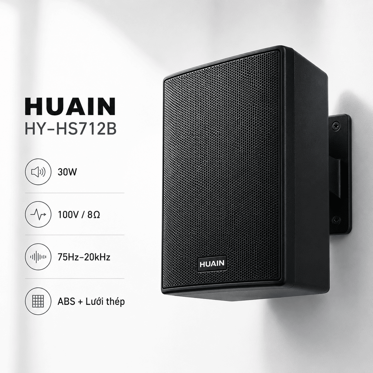 Loa hộp treo tường 30W Huain HY-HS712B chính hãng 2 Loa hộp treo tường 30W Huain HY-HS712B là loa treo tường cao cấp, công suất 30W/60W, đầu vào 100V/8Ω, độ nhạy 89dB, dải tần 75Hz–20.000Hz, phù hợp âm thanh thông báo, nhạc nền, phòng học, văn phòng và không gian thương mại.