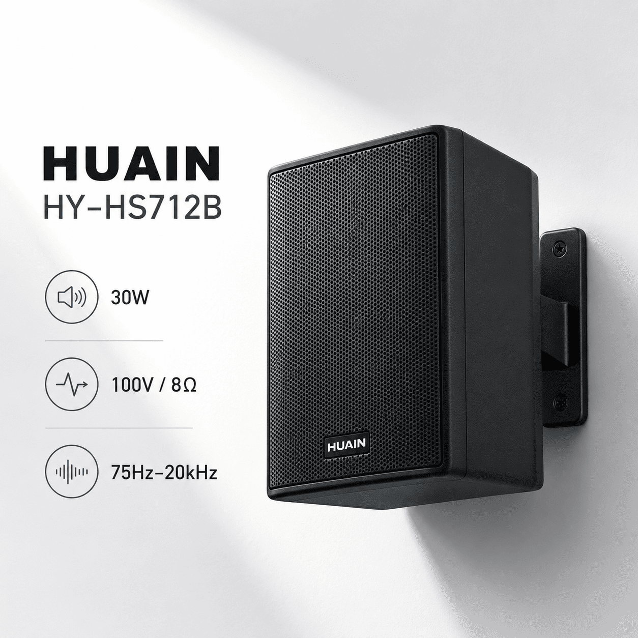 Loa hộp treo tường 30W Huain HY-HS712B chính hãng 1 Loa hộp treo tường 30W Huain HY-HS712B là loa treo tường cao cấp, công suất 30W/60W, đầu vào 100V/8Ω, độ nhạy 89dB, dải tần 75Hz–20.000Hz, phù hợp âm thanh thông báo, nhạc nền, phòng học, văn phòng và không gian thương mại.
