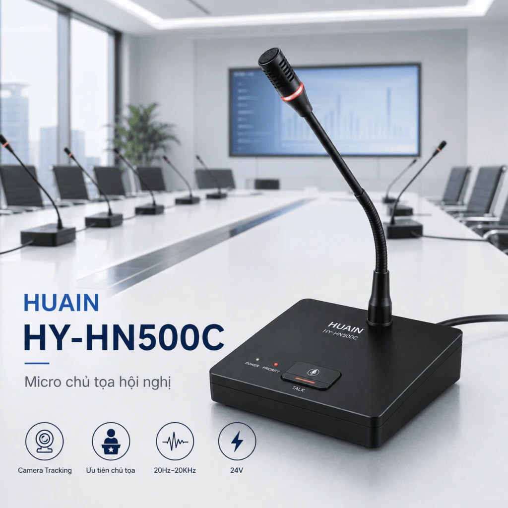 Microphone chủ tọa Huain HY-HN500C dùng dây, dải tần 20Hz–20KHz 10 Microphone chủ tọa Huain HY-HN500C là micro hội thảo kỹ thuật số dùng dây, điện áp DC 24V, dải tần 20Hz–20KHz, hỗ trợ quyền ưu tiên chủ tọa, camera tracking, định danh ID và âm thanh rõ ràng cho phòng họp chuyên nghiệp.