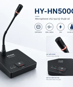 Microphone chủ tọa Huain HY-HN500C dùng dây, dải tần 20Hz–20KHz 5 Microphone chủ tọa Huain HY-HN500C là micro hội thảo kỹ thuật số dùng dây, điện áp DC 24V, dải tần 20Hz–20KHz, hỗ trợ quyền ưu tiên chủ tọa, camera tracking, định danh ID và âm thanh rõ ràng cho phòng họp chuyên nghiệp.