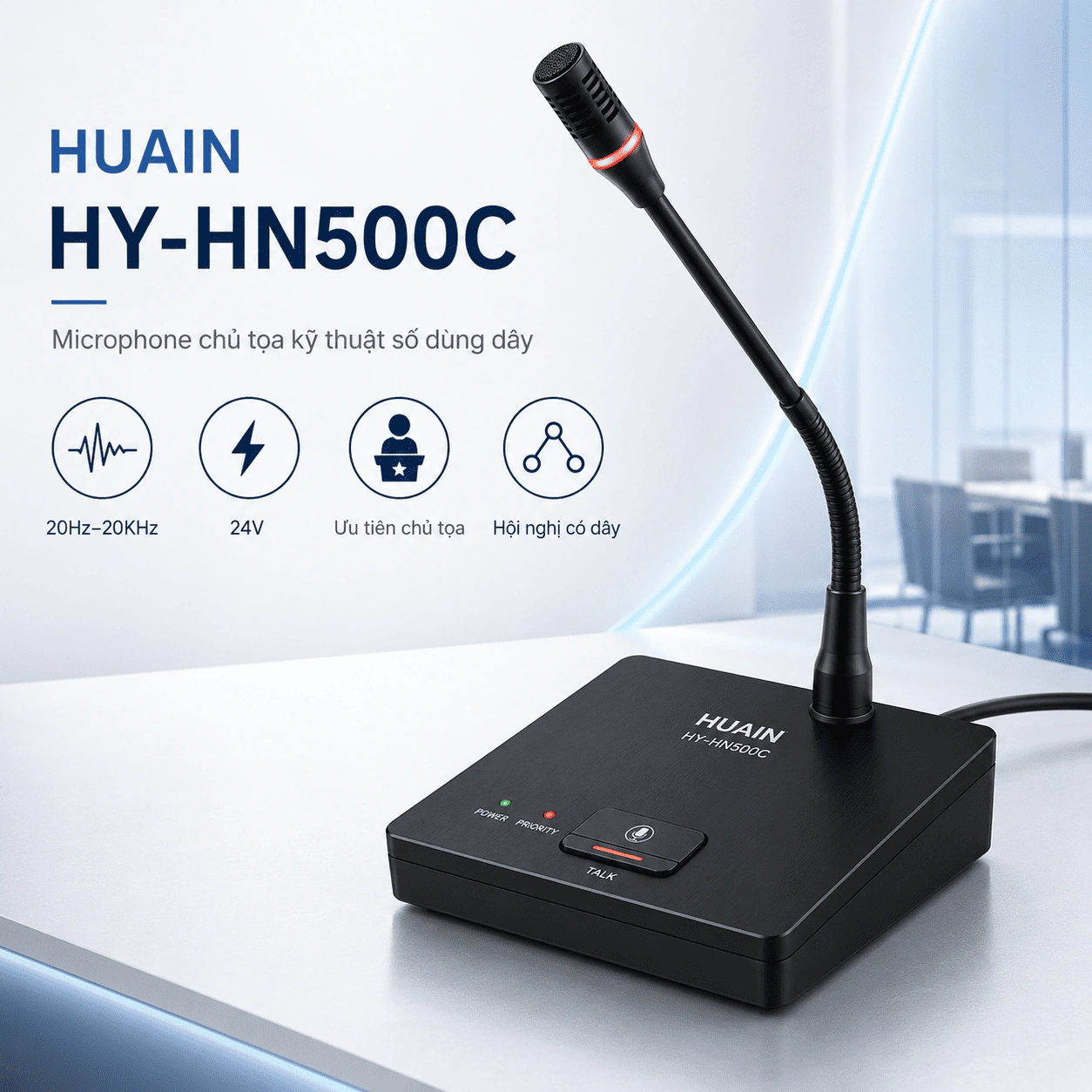 Microphone chủ tọa Huain HY-HN500C dùng dây, dải tần 20Hz–20KHz 1 Microphone chủ tọa Huain HY-HN500C là micro hội thảo kỹ thuật số dùng dây, điện áp DC 24V, dải tần 20Hz–20KHz, hỗ trợ quyền ưu tiên chủ tọa, camera tracking, định danh ID và âm thanh rõ ràng cho phòng họp chuyên nghiệp.