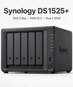 Synology DS1525+ là NAS 5 khay dành cho doanh nghiệp, trang bị CPU AMD Ryzen V1500B, RAM ECC 8GB, Dual 2.5GbE và tùy chọn nâng cấp 10GbE. Thiết bị có hai khe M.2 NVMe, hỗ trợ RAID 5/6/10, mở rộng tối đa 15 khay, dung lượng thô đến 360TB, máy ảo, High Availability và tối đa 40 camera IP.