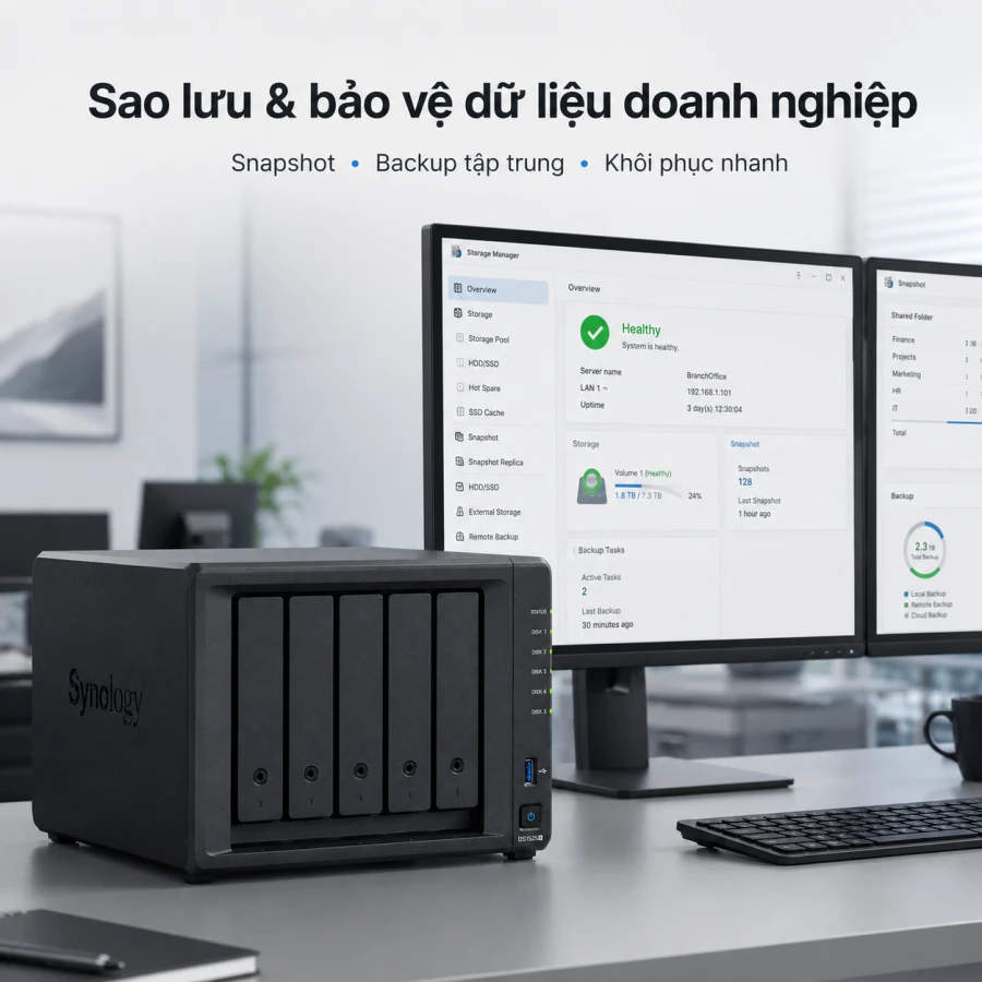 NAS Synology DS1525+ 5 Bay, RAM ECC 8GB, Dual 2.5GbE 12 Synology DS1525+ là NAS 5 khay dành cho doanh nghiệp, trang bị CPU AMD Ryzen V1500B, RAM ECC 8GB, Dual 2.5GbE và tùy chọn nâng cấp 10GbE. Thiết bị có hai khe M.2 NVMe, hỗ trợ RAID 5/6/10, mở rộng tối đa 15 khay, dung lượng thô đến 360TB, máy ảo, High Availability và tối đa 40 camera IP.