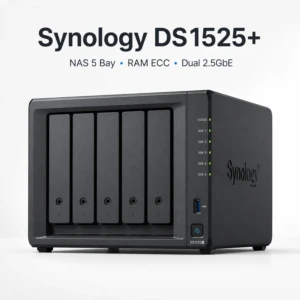 Synology DS1525+ là NAS 5 khay dành cho doanh nghiệp, trang bị CPU AMD Ryzen V1500B, RAM ECC 8GB, Dual 2.5GbE và tùy chọn nâng cấp 10GbE. Thiết bị có hai khe M.2 NVMe, hỗ trợ RAID 5/6/10, mở rộng tối đa 15 khay, dung lượng thô đến 360TB, máy ảo, High Availability và tối đa 40 camera IP.