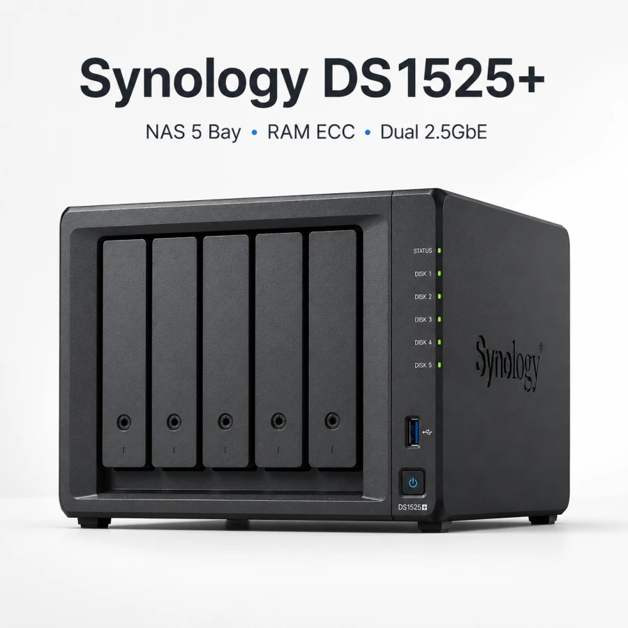 NAS Synology DS1525+ 5 Bay, RAM ECC 8GB, Dual 2.5GbE 10 Synology DS1525+ là NAS 5 khay dành cho doanh nghiệp, trang bị CPU AMD Ryzen V1500B, RAM ECC 8GB, Dual 2.5GbE và tùy chọn nâng cấp 10GbE. Thiết bị có hai khe M.2 NVMe, hỗ trợ RAID 5/6/10, mở rộng tối đa 15 khay, dung lượng thô đến 360TB, máy ảo, High Availability và tối đa 40 camera IP.