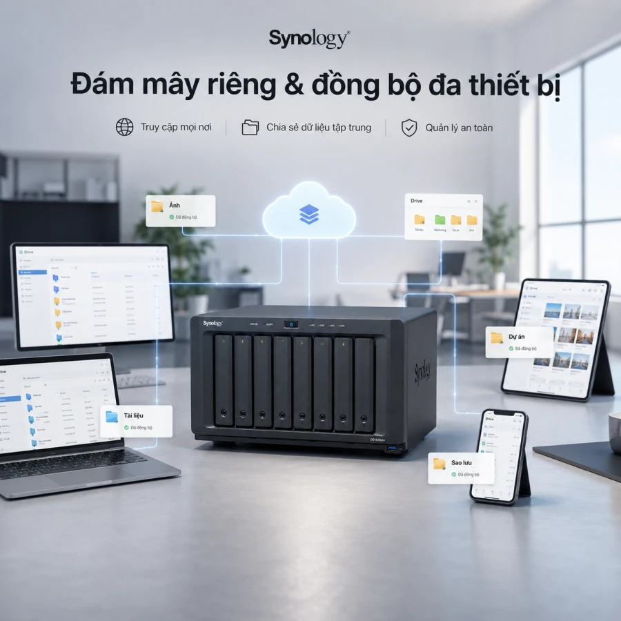 NAS Synology DS1823xs+ 8 Bay, Ryzen, ECC, 10GbE 13 Synology DS1823xs+ là NAS doanh nghiệp 8 khay, sử dụng CPU AMD Ryzen V1780B, RAM ECC 8GB, mạng 10GbE và cổng quản trị OOB. Thiết bị hỗ trợ nâng cấp mạng 25GbE, Fibre Channel, RAID F1, hai khe M.2 NVMe, tối đa 18 ổ đĩa, 8 máy ảo và 75 camera IP.