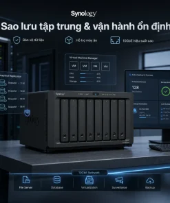 NAS Synology DS1823xs+ 8 Bay, Ryzen, ECC, 10GbE 7 Synology DS1823xs+ là NAS doanh nghiệp 8 khay, sử dụng CPU AMD Ryzen V1780B, RAM ECC 8GB, mạng 10GbE và cổng quản trị OOB. Thiết bị hỗ trợ nâng cấp mạng 25GbE, Fibre Channel, RAID F1, hai khe M.2 NVMe, tối đa 18 ổ đĩa, 8 máy ảo và 75 camera IP.