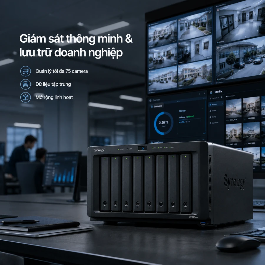 NAS Synology DS1823xs+ 8 Bay, Ryzen, ECC, 10GbE 15 Synology DS1823xs+ là NAS doanh nghiệp 8 khay, sử dụng CPU AMD Ryzen V1780B, RAM ECC 8GB, mạng 10GbE và cổng quản trị OOB. Thiết bị hỗ trợ nâng cấp mạng 25GbE, Fibre Channel, RAID F1, hai khe M.2 NVMe, tối đa 18 ổ đĩa, 8 máy ảo và 75 camera IP.