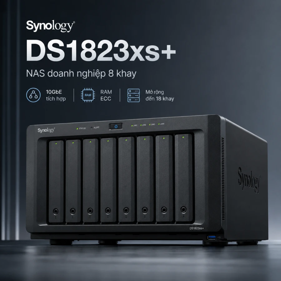 NAS Synology DS1823xs+ 8 Bay, Ryzen, ECC, 10GbE 12 Synology DS1823xs+ là NAS doanh nghiệp 8 khay, sử dụng CPU AMD Ryzen V1780B, RAM ECC 8GB, mạng 10GbE và cổng quản trị OOB. Thiết bị hỗ trợ nâng cấp mạng 25GbE, Fibre Channel, RAID F1, hai khe M.2 NVMe, tối đa 18 ổ đĩa, 8 máy ảo và 75 camera IP.