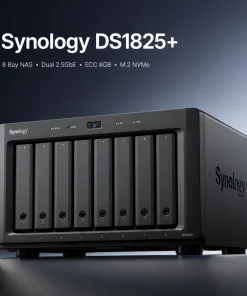Synology DS1825+ là NAS doanh nghiệp 8 khay, sử dụng CPU AMD Ryzen V1500B, RAM ECC 8GB, Dual 2.5GbE và hai khe M.2 NVMe. Thiết bị hỗ trợ nâng cấp mạng 10/25GbE, mở rộng lên 18 ổ đĩa, RAID 5/6/10, máy ảo, High Availability và tối đa 40 camera IP.