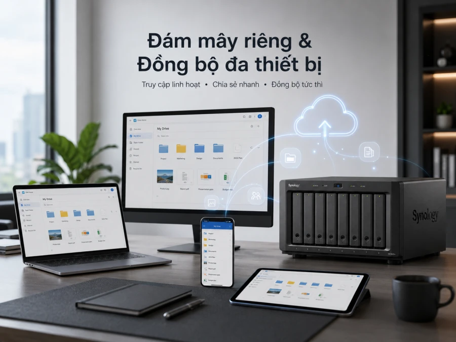 NAS Synology DS1825+ 8 Bay, RAM ECC, Dual 2.5GbE 11 Synology DS1825+ là NAS doanh nghiệp 8 khay, sử dụng CPU AMD Ryzen V1500B, RAM ECC 8GB, Dual 2.5GbE và hai khe M.2 NVMe. Thiết bị hỗ trợ nâng cấp mạng 10/25GbE, mở rộng lên 18 ổ đĩa, RAID 5/6/10, máy ảo, High Availability và tối đa 40 camera IP.