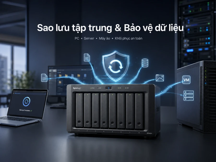 NAS Synology DS1825+ 8 Bay, RAM ECC, Dual 2.5GbE 12 Synology DS1825+ là NAS doanh nghiệp 8 khay, sử dụng CPU AMD Ryzen V1500B, RAM ECC 8GB, Dual 2.5GbE và hai khe M.2 NVMe. Thiết bị hỗ trợ nâng cấp mạng 10/25GbE, mở rộng lên 18 ổ đĩa, RAID 5/6/10, máy ảo, High Availability và tối đa 40 camera IP.