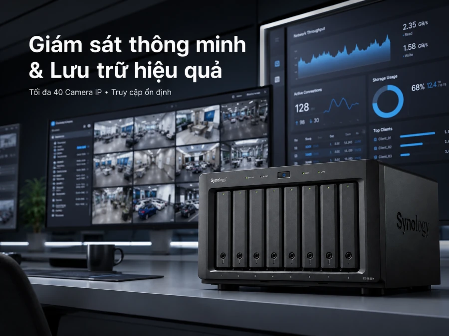 NAS Synology DS1825+ 8 Bay, RAM ECC, Dual 2.5GbE 13 Synology DS1825+ là NAS doanh nghiệp 8 khay, sử dụng CPU AMD Ryzen V1500B, RAM ECC 8GB, Dual 2.5GbE và hai khe M.2 NVMe. Thiết bị hỗ trợ nâng cấp mạng 10/25GbE, mở rộng lên 18 ổ đĩa, RAID 5/6/10, máy ảo, High Availability và tối đa 40 camera IP.