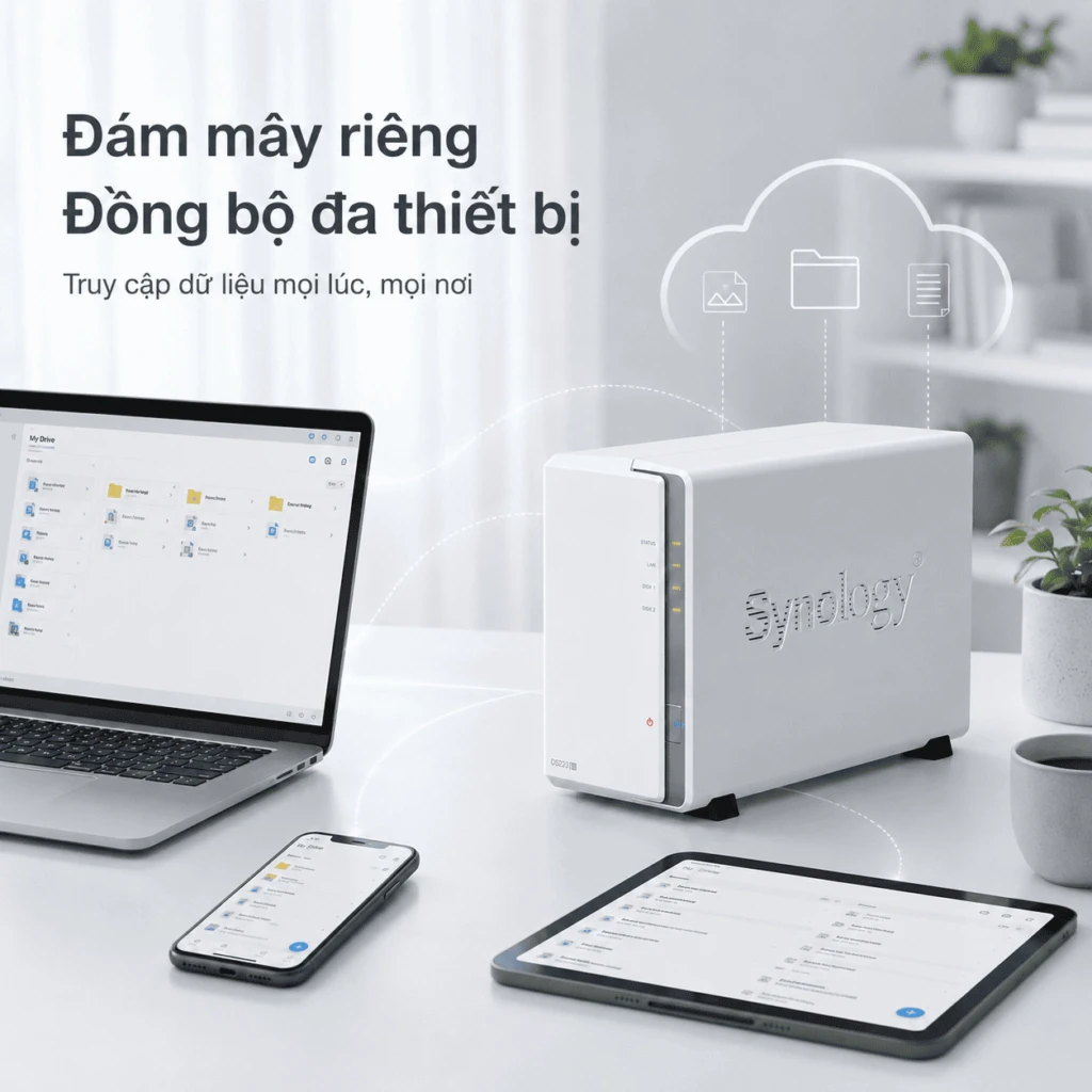 NAS Synology DS223j 2 Bay – Lưu trữ đám mây riêng 9 Synology DS223j là NAS 2 khay hỗ trợ Btrfs, RAID, Synology Drive, Photos và lưu camera IP, phù hợp gia đình, cá nhân và văn phòng nhỏ.