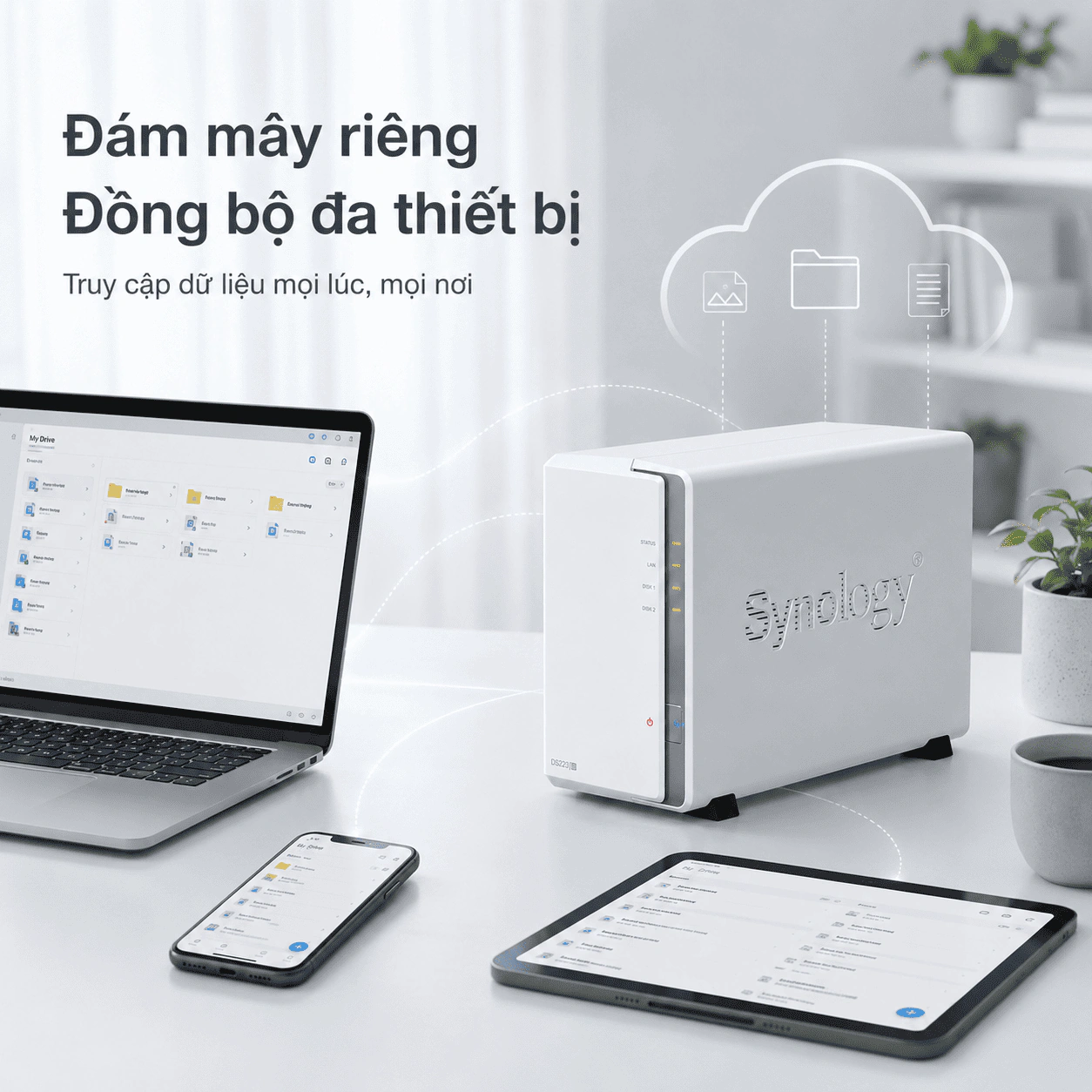 NAS Synology DS223j 2 Bay – Lưu trữ đám mây riêng 3 Synology DS223j là NAS 2 khay hỗ trợ Btrfs, RAID, Synology Drive, Photos và lưu camera IP, phù hợp gia đình, cá nhân và văn phòng nhỏ.