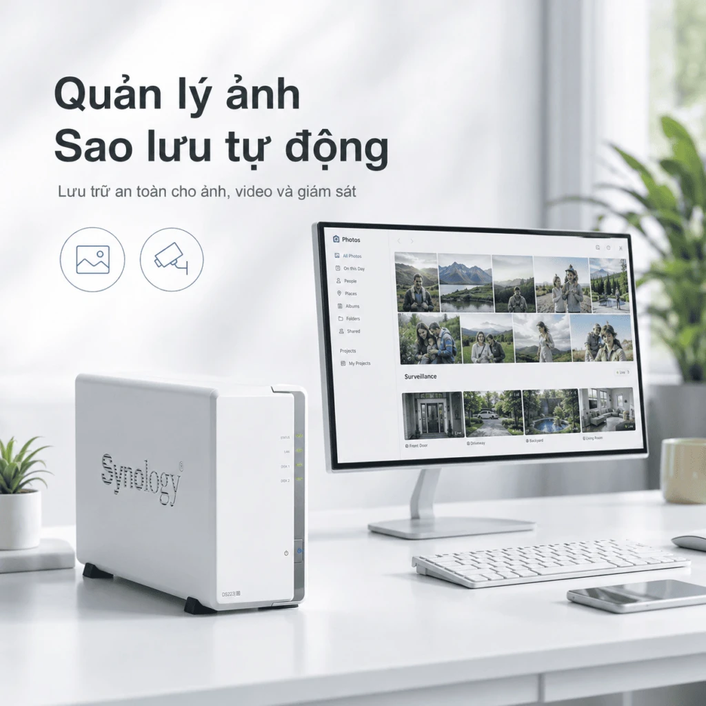 NAS Synology DS223j 2 Bay – Lưu trữ đám mây riêng 8 Synology DS223j là NAS 2 khay hỗ trợ Btrfs, RAID, Synology Drive, Photos và lưu camera IP, phù hợp gia đình, cá nhân và văn phòng nhỏ.