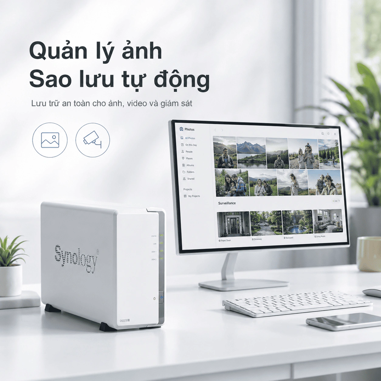 NAS Synology DS223j 2 Bay – Lưu trữ đám mây riêng 2 Synology DS223j là NAS 2 khay hỗ trợ Btrfs, RAID, Synology Drive, Photos và lưu camera IP, phù hợp gia đình, cá nhân và văn phòng nhỏ.