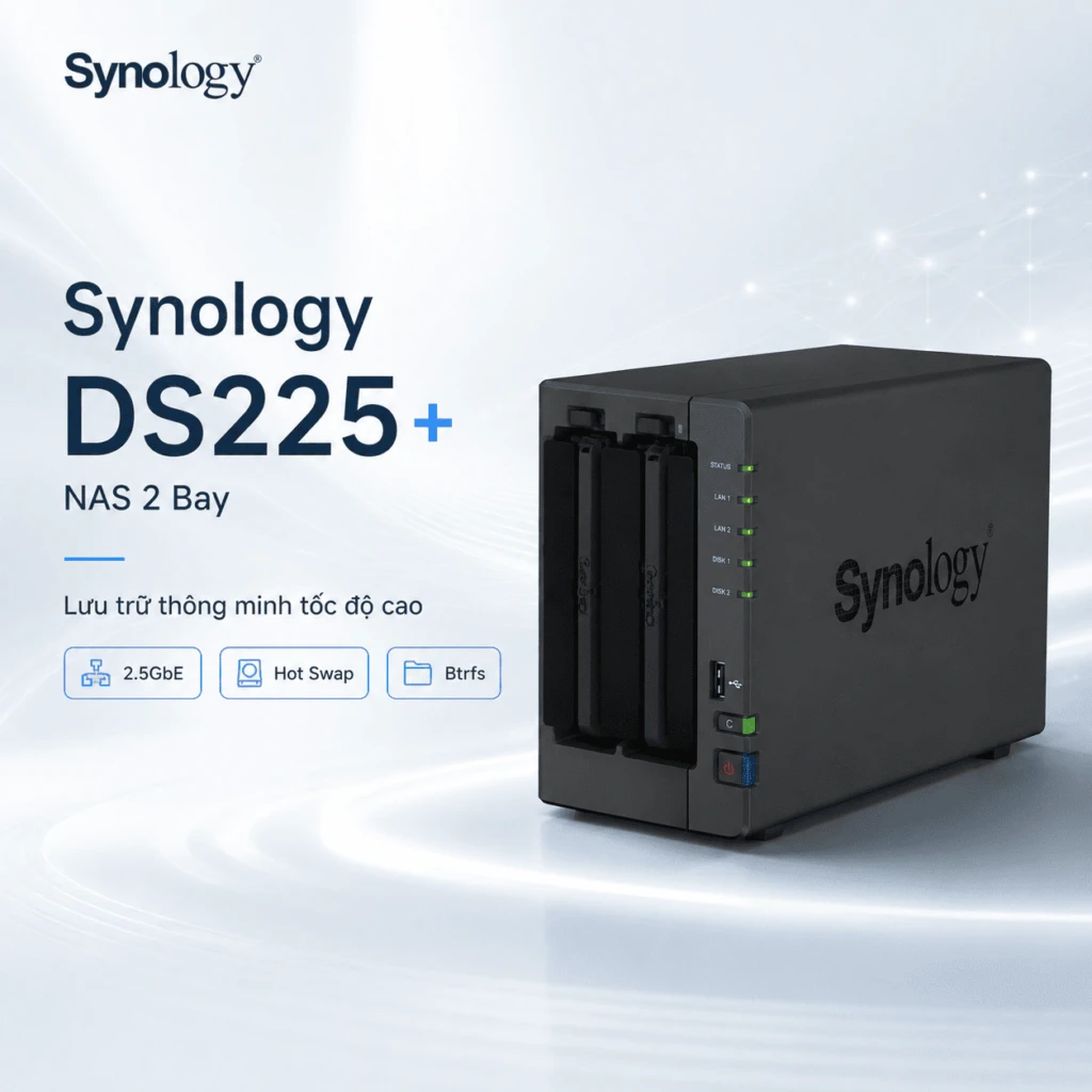NAS Synology DS225+ 2 Bay, Intel J4125, RAM 2GB, LAN 2.5GbE 10 NAS Synology DS225+ 2 Bay trang bị Intel J4125, RAM 2GB, LAN 2.5GbE, hỗ trợ Btrfs, RAID, sao lưu, đám mây riêng và tối đa 25 camera IP.