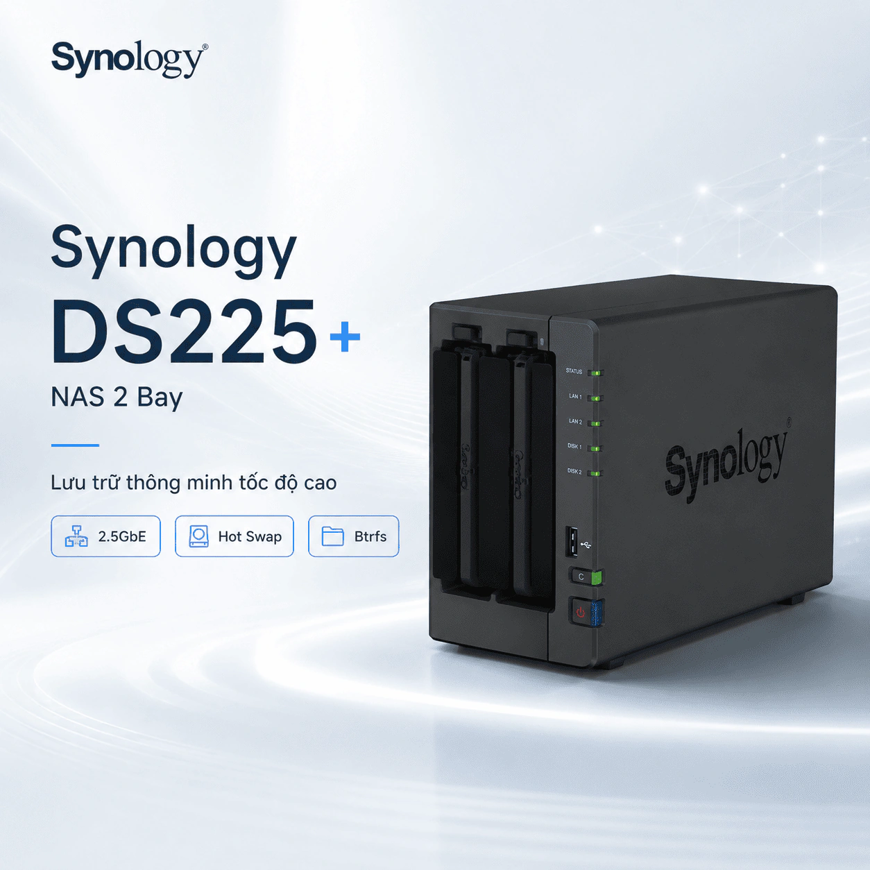 NAS Synology DS225+ 2 Bay, Intel J4125, RAM 2GB, LAN 2.5GbE 1 NAS Synology DS225+ 2 Bay trang bị Intel J4125, RAM 2GB, LAN 2.5GbE, hỗ trợ Btrfs, RAID, sao lưu, đám mây riêng và tối đa 25 camera IP.