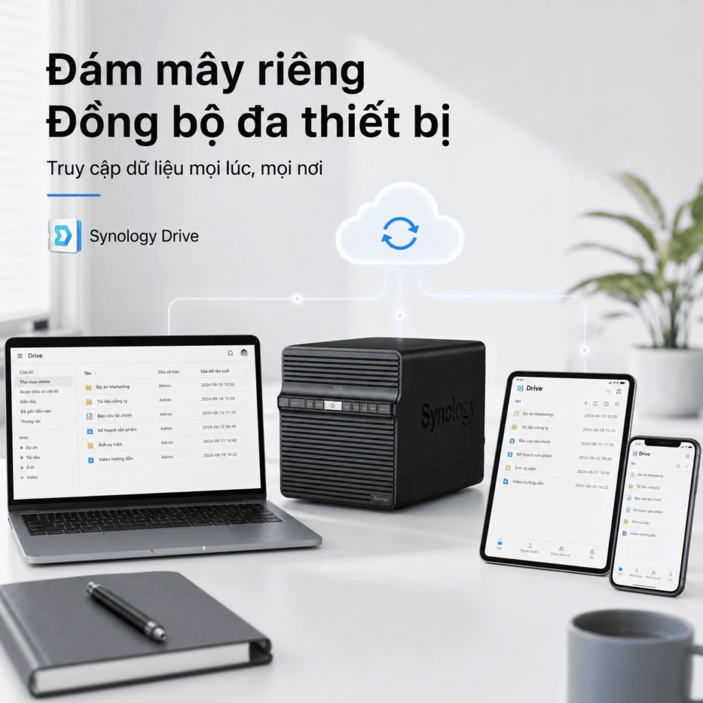 NAS Synology DS423 4 Bay, RAM 2GB, Dual LAN 1GbE 11 Synology DiskStation DS423 là NAS 4 khay dành cho gia đình, văn phòng nhỏ và cửa hàng. Thiết bị sử dụng CPU Realtek RTD1619B 4 nhân, RAM DDR4 2GB, hai cổng mạng 1GbE và hỗ trợ HDD hoặc SSD SATA. DS423 hỗ trợ SHR, RAID 5, RAID 6, Btrfs, Synology Drive, Synology Photos, Hyper Backup và lưu trữ tối đa 30 camera IP.