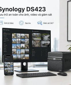 Synology DiskStation DS423 là NAS 4 khay dành cho gia đình, văn phòng nhỏ và cửa hàng. Thiết bị sử dụng CPU Realtek RTD1619B 4 nhân, RAM DDR4 2GB, hai cổng mạng 1GbE và hỗ trợ HDD hoặc SSD SATA. DS423 hỗ trợ SHR, RAID 5, RAID 6, Btrfs, Synology Drive, Synology Photos, Hyper Backup và lưu trữ tối đa 30 camera IP.