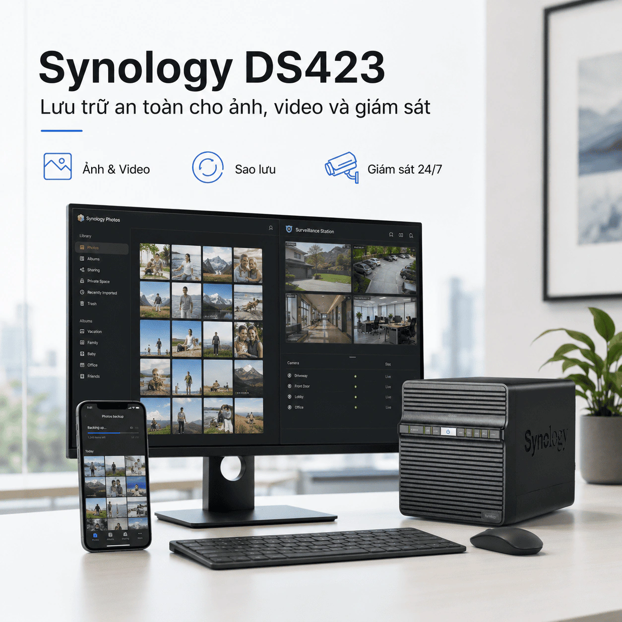 NAS Synology DS423 4 Bay, RAM 2GB, Dual LAN 1GbE 2 Synology DiskStation DS423 là NAS 4 khay dành cho gia đình, văn phòng nhỏ và cửa hàng. Thiết bị sử dụng CPU Realtek RTD1619B 4 nhân, RAM DDR4 2GB, hai cổng mạng 1GbE và hỗ trợ HDD hoặc SSD SATA. DS423 hỗ trợ SHR, RAID 5, RAID 6, Btrfs, Synology Drive, Synology Photos, Hyper Backup và lưu trữ tối đa 30 camera IP.