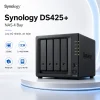 NAS Synology DS425+ 4 Bay, Intel J4125, RAM 2GB, LAN 2.5GbE 9 Synology DiskStation DS425+ là NAS 4 khay dành cho văn phòng và doanh nghiệp nhỏ. Thiết bị trang bị Intel Celeron J4125 4 nhân, RAM DDR4 2GB nâng cấp tối đa 6GB, mạng 2.5GbE và hai khe M.2 NVMe. DS425+ hỗ trợ SHR, RAID 5, RAID 6, Btrfs, Synology Drive, Hyper Backup, máy ảo và lưu trữ tối đa 40 camera IP.