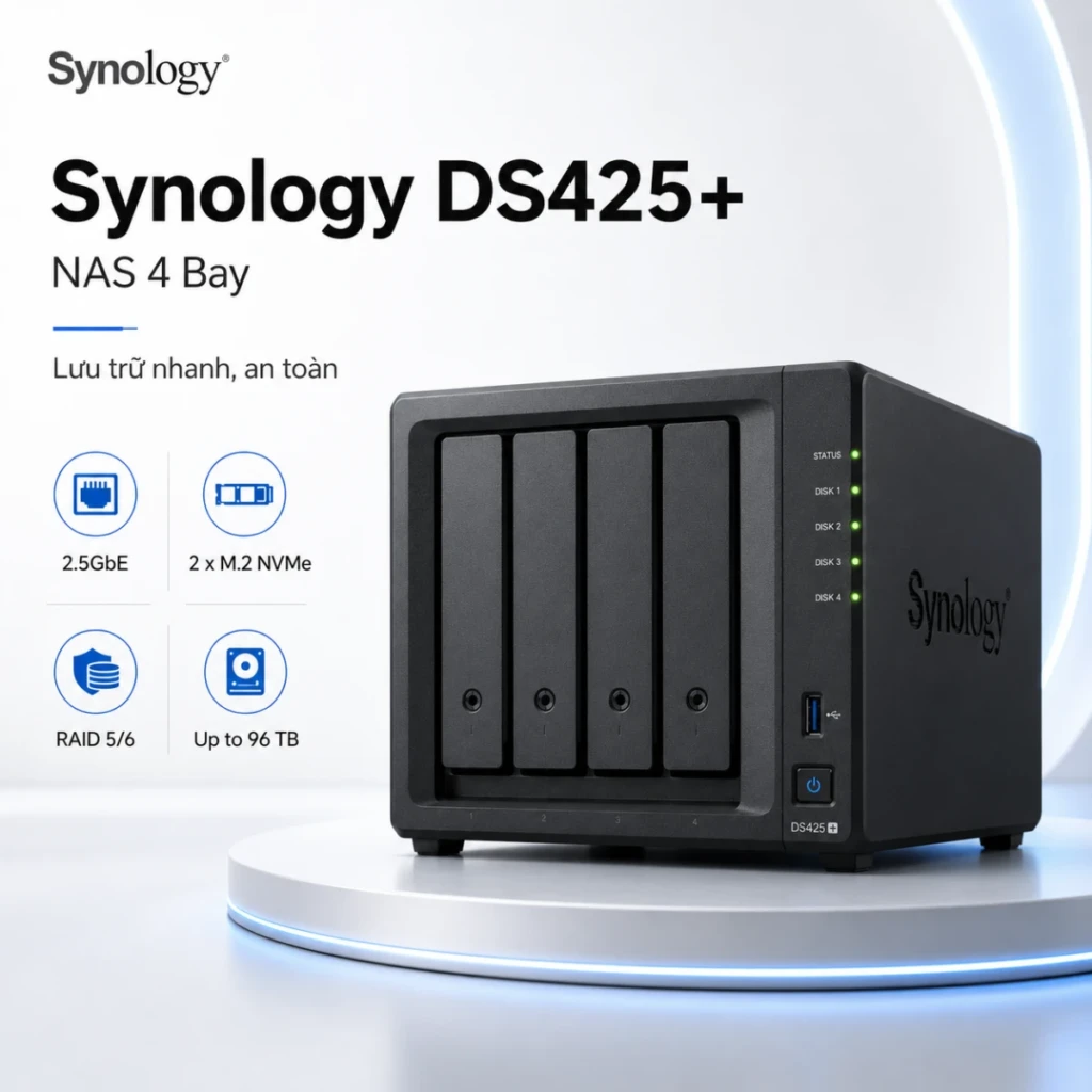 NAS Synology DS425+ 4 Bay, Intel J4125, RAM 2GB, LAN 2.5GbE 10 Synology DiskStation DS425+ là NAS 4 khay dành cho văn phòng và doanh nghiệp nhỏ. Thiết bị trang bị Intel Celeron J4125 4 nhân, RAM DDR4 2GB nâng cấp tối đa 6GB, mạng 2.5GbE và hai khe M.2 NVMe. DS425+ hỗ trợ SHR, RAID 5, RAID 6, Btrfs, Synology Drive, Hyper Backup, máy ảo và lưu trữ tối đa 40 camera IP.