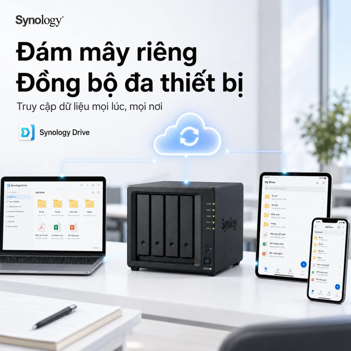 NAS Synology DS425+ 4 Bay, Intel J4125, RAM 2GB, LAN 2.5GbE 2 Synology DiskStation DS425+ là NAS 4 khay dành cho văn phòng và doanh nghiệp nhỏ. Thiết bị trang bị Intel Celeron J4125 4 nhân, RAM DDR4 2GB nâng cấp tối đa 6GB, mạng 2.5GbE và hai khe M.2 NVMe. DS425+ hỗ trợ SHR, RAID 5, RAID 6, Btrfs, Synology Drive, Hyper Backup, máy ảo và lưu trữ tối đa 40 camera IP.