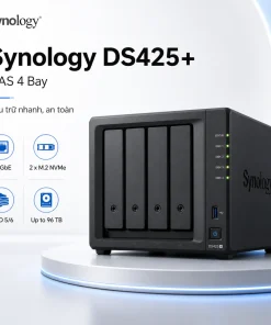 Synology DiskStation DS425+ là NAS 4 khay dành cho văn phòng và doanh nghiệp nhỏ. Thiết bị trang bị Intel Celeron J4125 4 nhân, RAM DDR4 2GB nâng cấp tối đa 6GB, mạng 2.5GbE và hai khe M.2 NVMe. DS425+ hỗ trợ SHR, RAID 5, RAID 6, Btrfs, Synology Drive, Hyper Backup, máy ảo và lưu trữ tối đa 40 camera IP.