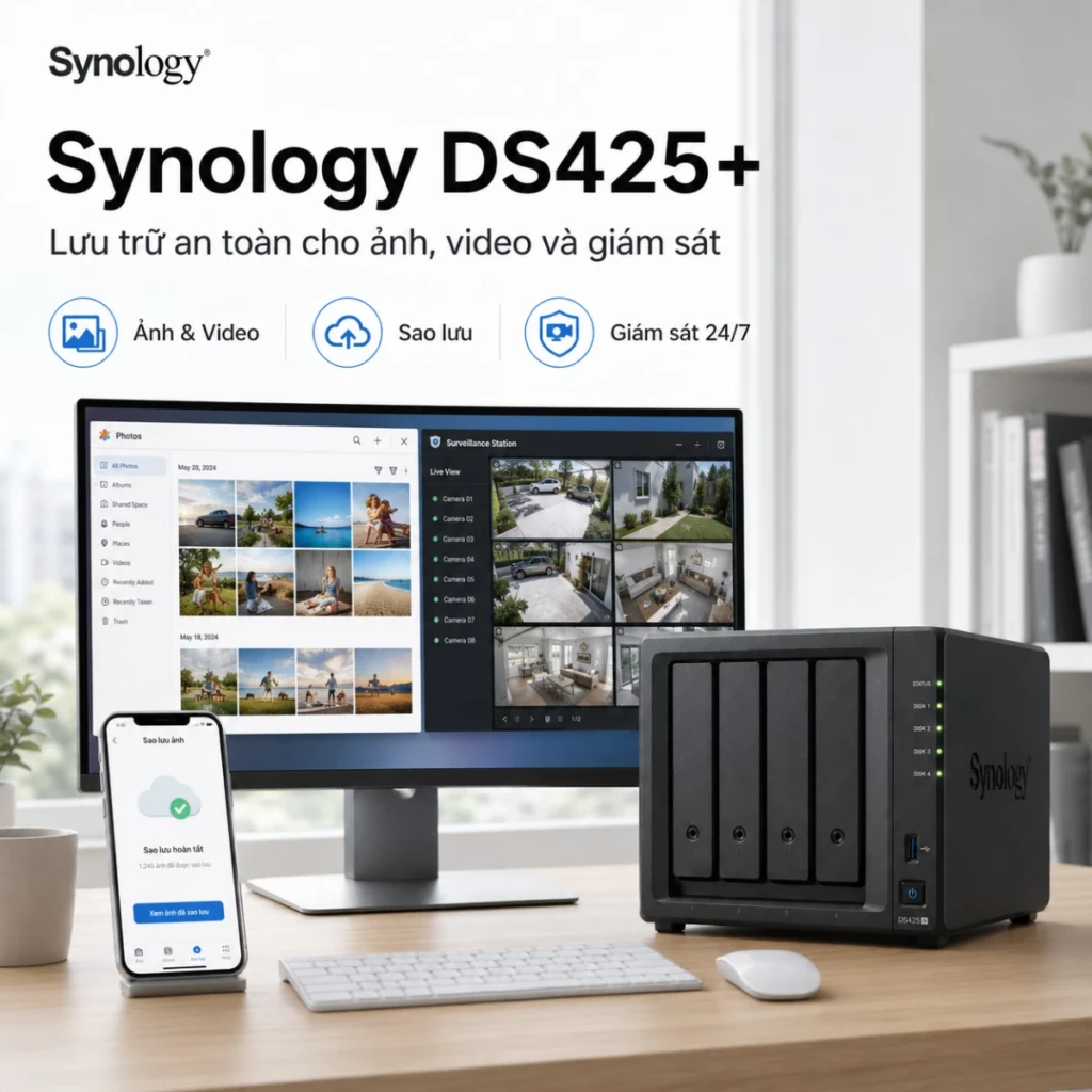 NAS Synology DS425+ 4 Bay, Intel J4125, RAM 2GB, LAN 2.5GbE 12 Synology DiskStation DS425+ là NAS 4 khay dành cho văn phòng và doanh nghiệp nhỏ. Thiết bị trang bị Intel Celeron J4125 4 nhân, RAM DDR4 2GB nâng cấp tối đa 6GB, mạng 2.5GbE và hai khe M.2 NVMe. DS425+ hỗ trợ SHR, RAID 5, RAID 6, Btrfs, Synology Drive, Hyper Backup, máy ảo và lưu trữ tối đa 40 camera IP.