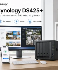 NAS Synology DS425+ 4 Bay, Intel J4125, RAM 2GB, LAN 2.5GbE 5 Synology DiskStation DS425+ là NAS 4 khay dành cho văn phòng và doanh nghiệp nhỏ. Thiết bị trang bị Intel Celeron J4125 4 nhân, RAM DDR4 2GB nâng cấp tối đa 6GB, mạng 2.5GbE và hai khe M.2 NVMe. DS425+ hỗ trợ SHR, RAID 5, RAID 6, Btrfs, Synology Drive, Hyper Backup, máy ảo và lưu trữ tối đa 40 camera IP.