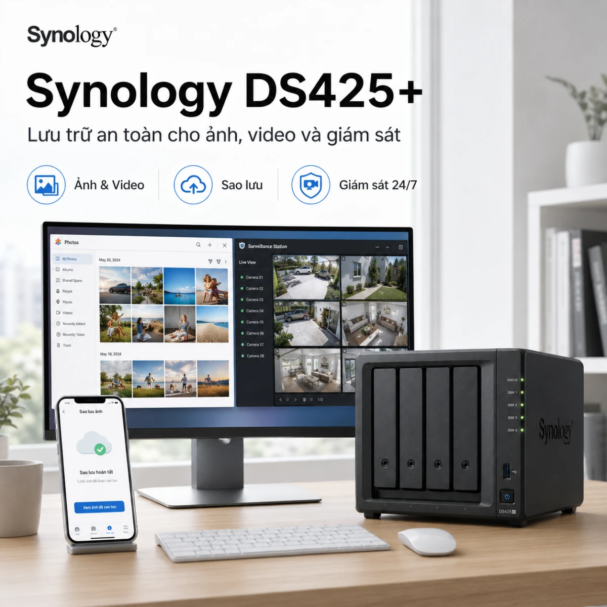 NAS Synology DS425+ 4 Bay, Intel J4125, RAM 2GB, LAN 2.5GbE 3 Synology DiskStation DS425+ là NAS 4 khay dành cho văn phòng và doanh nghiệp nhỏ. Thiết bị trang bị Intel Celeron J4125 4 nhân, RAM DDR4 2GB nâng cấp tối đa 6GB, mạng 2.5GbE và hai khe M.2 NVMe. DS425+ hỗ trợ SHR, RAID 5, RAID 6, Btrfs, Synology Drive, Hyper Backup, máy ảo và lưu trữ tối đa 40 camera IP.