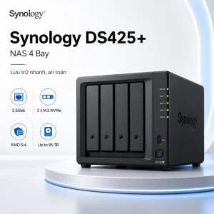Synology DiskStation DS425+ là NAS 4 khay dành cho văn phòng và doanh nghiệp nhỏ. Thiết bị trang bị Intel Celeron J4125 4 nhân, RAM DDR4 2GB nâng cấp tối đa 6GB, mạng 2.5GbE và hai khe M.2 NVMe. DS425+ hỗ trợ SHR, RAID 5, RAID 6, Btrfs, Synology Drive, Hyper Backup, máy ảo và lưu trữ tối đa 40 camera IP.