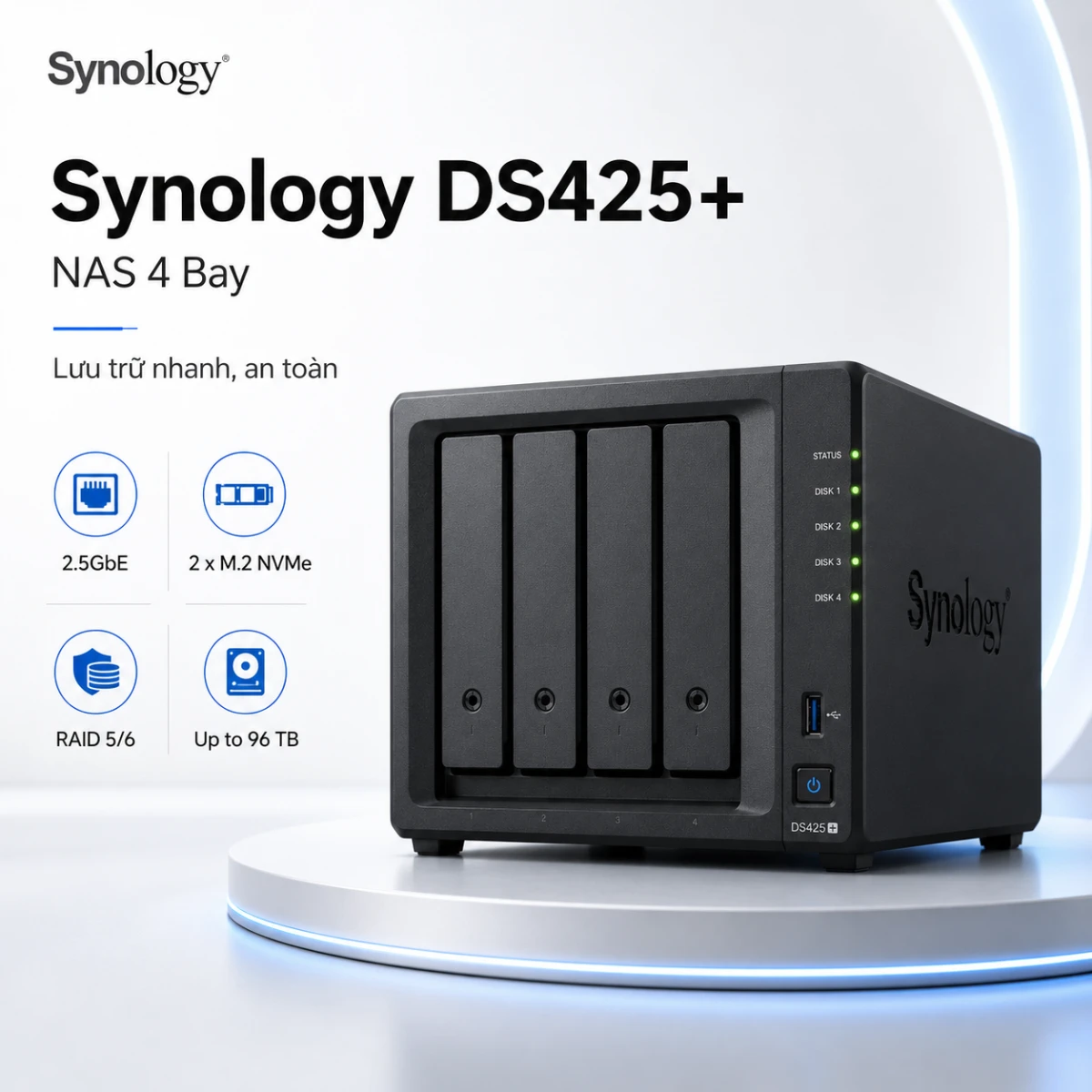 NAS Synology DS425+ 4 Bay, Intel J4125, RAM 2GB, LAN 2.5GbE 1 Synology DiskStation DS425+ là NAS 4 khay dành cho văn phòng và doanh nghiệp nhỏ. Thiết bị trang bị Intel Celeron J4125 4 nhân, RAM DDR4 2GB nâng cấp tối đa 6GB, mạng 2.5GbE và hai khe M.2 NVMe. DS425+ hỗ trợ SHR, RAID 5, RAID 6, Btrfs, Synology Drive, Hyper Backup, máy ảo và lưu trữ tối đa 40 camera IP.