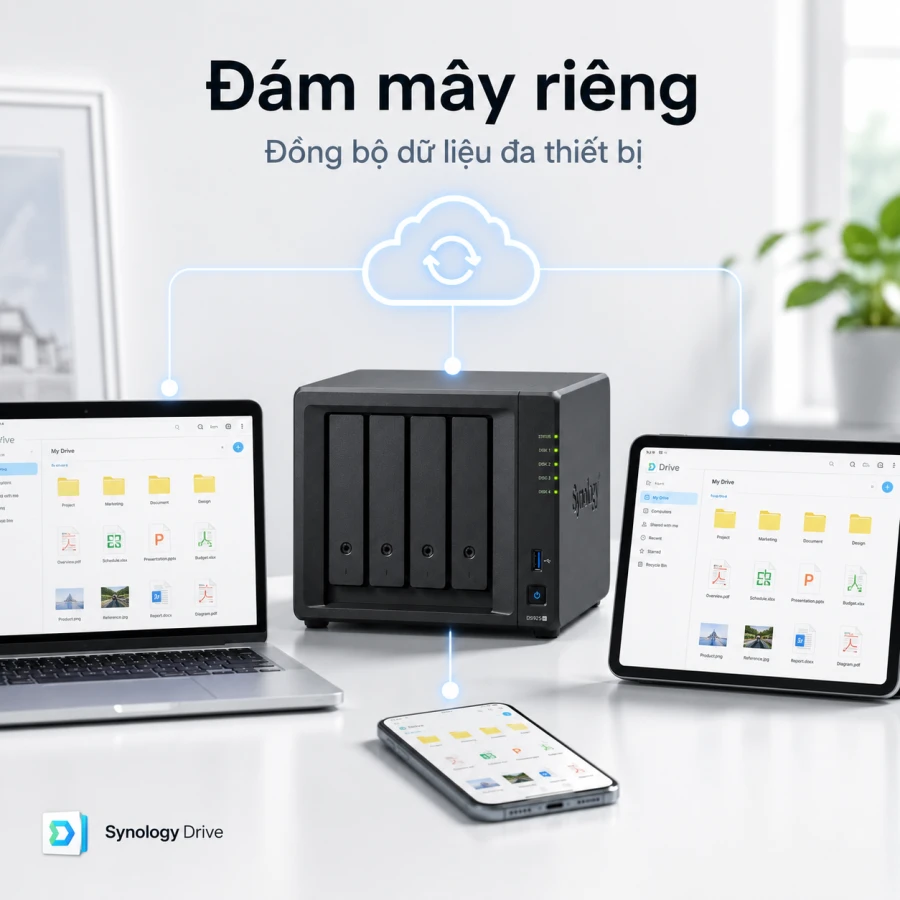 NAS Synology DS925+ Ryzen, RAM ECC, Dual 2.5GbE 12 Synology DS925+ là NAS 4 khay dành cho doanh nghiệp, trang bị CPU AMD Ryzen V1500B, RAM ECC 4GB, Dual 2.5GbE và hai khe M.2 NVMe. Thiết bị có thể mở rộng lên 9 khay với DX525, hỗ trợ tối đa 216TB dung lượng thô, RAID 5/6/10, Btrfs, máy ảo, High Availability và tối đa 40 camera IP.