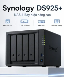 Synology DS925+ là NAS 4 khay dành cho doanh nghiệp, trang bị CPU AMD Ryzen V1500B, RAM ECC 4GB, Dual 2.5GbE và hai khe M.2 NVMe. Thiết bị có thể mở rộng lên 9 khay với DX525, hỗ trợ tối đa 216TB dung lượng thô, RAID 5/6/10, Btrfs, máy ảo, High Availability và tối đa 40 camera IP.