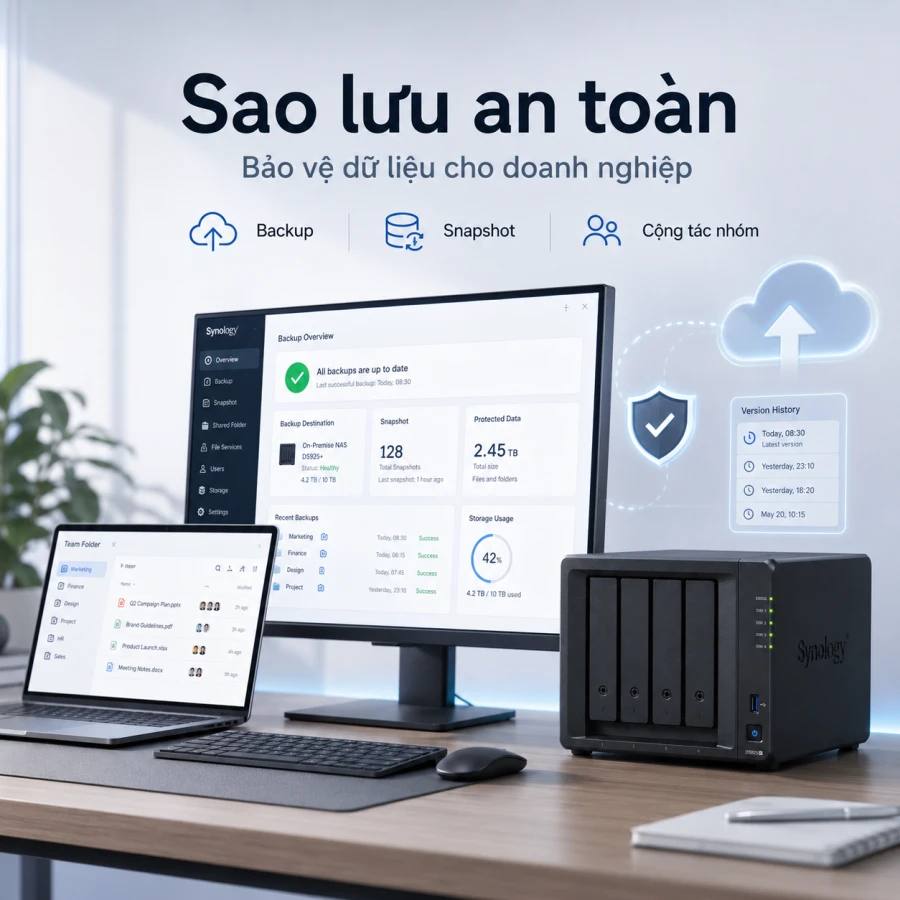 NAS Synology DS925+ Ryzen, RAM ECC, Dual 2.5GbE 13 Synology DS925+ là NAS 4 khay dành cho doanh nghiệp, trang bị CPU AMD Ryzen V1500B, RAM ECC 4GB, Dual 2.5GbE và hai khe M.2 NVMe. Thiết bị có thể mở rộng lên 9 khay với DX525, hỗ trợ tối đa 216TB dung lượng thô, RAID 5/6/10, Btrfs, máy ảo, High Availability và tối đa 40 camera IP.