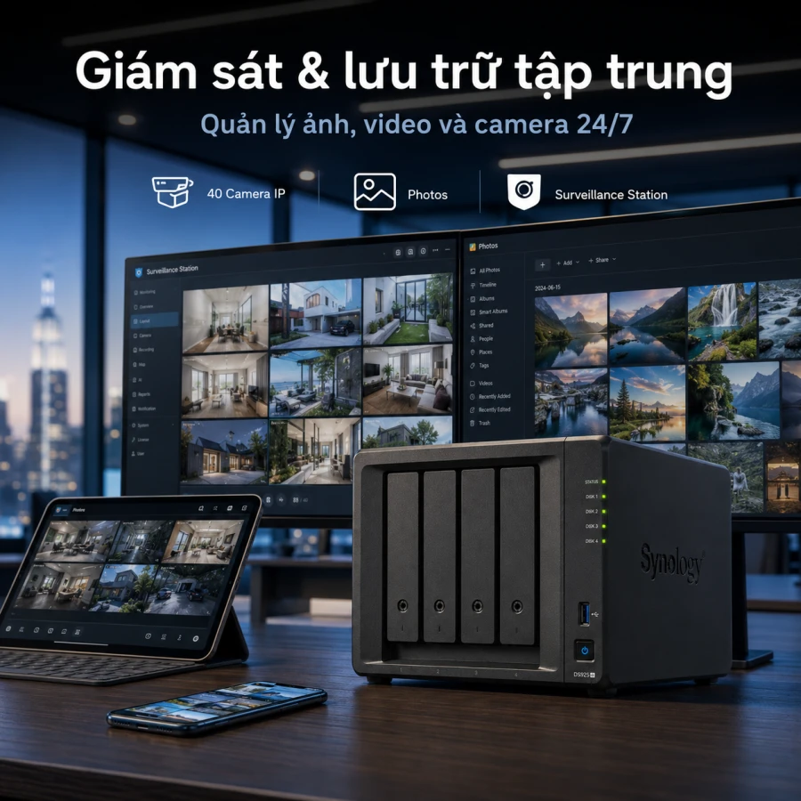 NAS Synology DS925+ Ryzen, RAM ECC, Dual 2.5GbE 15 Synology DS925+ là NAS 4 khay dành cho doanh nghiệp, trang bị CPU AMD Ryzen V1500B, RAM ECC 4GB, Dual 2.5GbE và hai khe M.2 NVMe. Thiết bị có thể mở rộng lên 9 khay với DX525, hỗ trợ tối đa 216TB dung lượng thô, RAID 5/6/10, Btrfs, máy ảo, High Availability và tối đa 40 camera IP.
