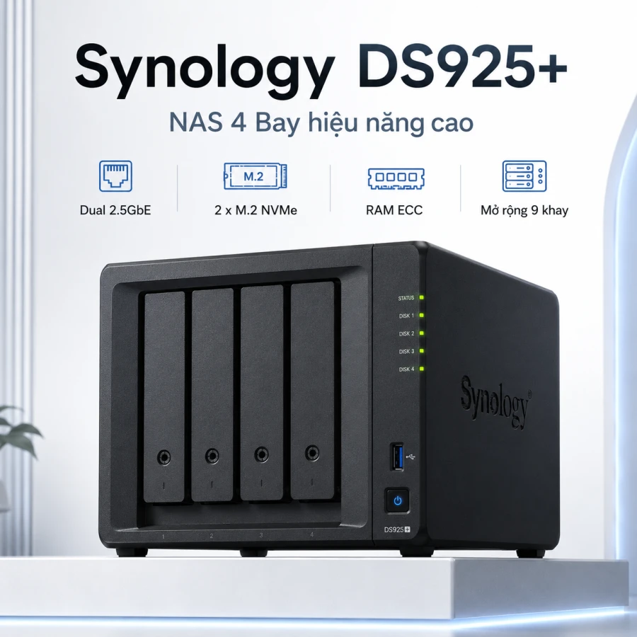 NAS Synology DS925+ Ryzen, RAM ECC, Dual 2.5GbE 1 Synology DS925+ là NAS 4 khay dành cho doanh nghiệp, trang bị CPU AMD Ryzen V1500B, RAM ECC 4GB, Dual 2.5GbE và hai khe M.2 NVMe. Thiết bị có thể mở rộng lên 9 khay với DX525, hỗ trợ tối đa 216TB dung lượng thô, RAID 5/6/10, Btrfs, máy ảo, High Availability và tối đa 40 camera IP.